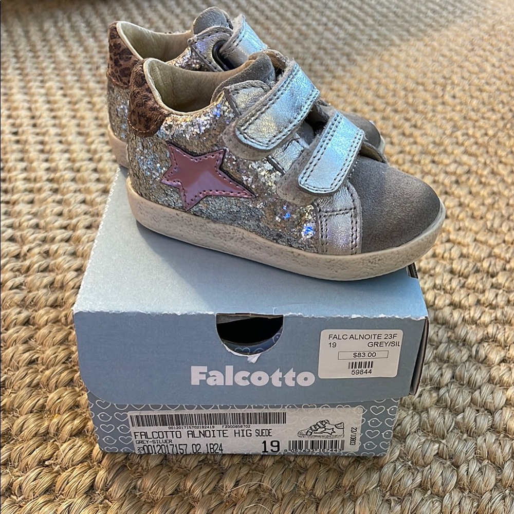 Falcotto Silver and Pink Sparkle Sneakers with Velcro Closure size 19